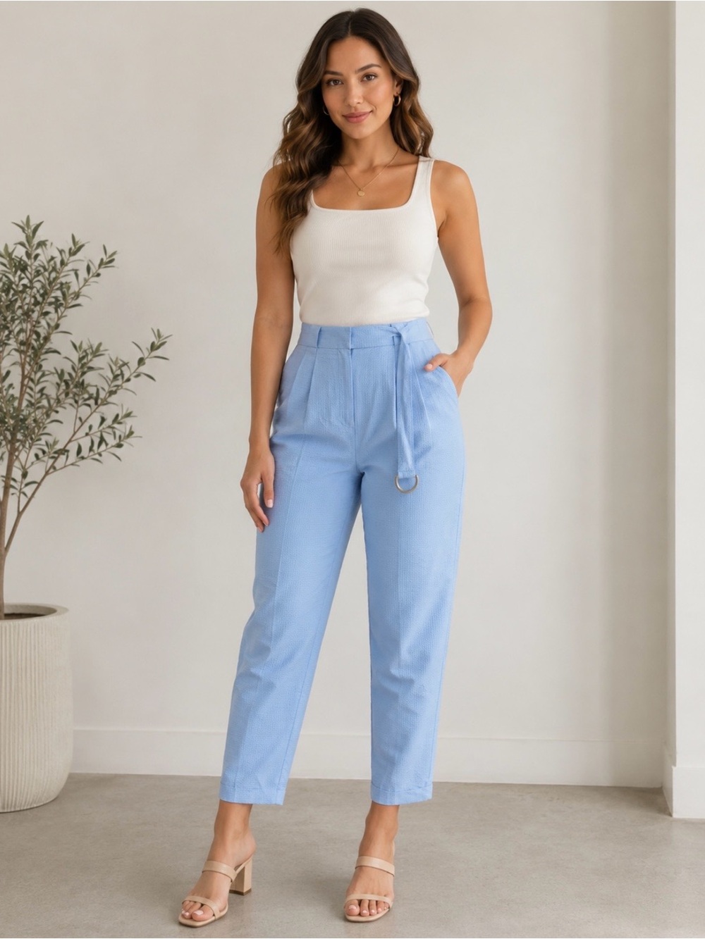 Koton AFARA Light Blue Textured Belted Tapered Pants | Size 42 (Approx. US M/L)